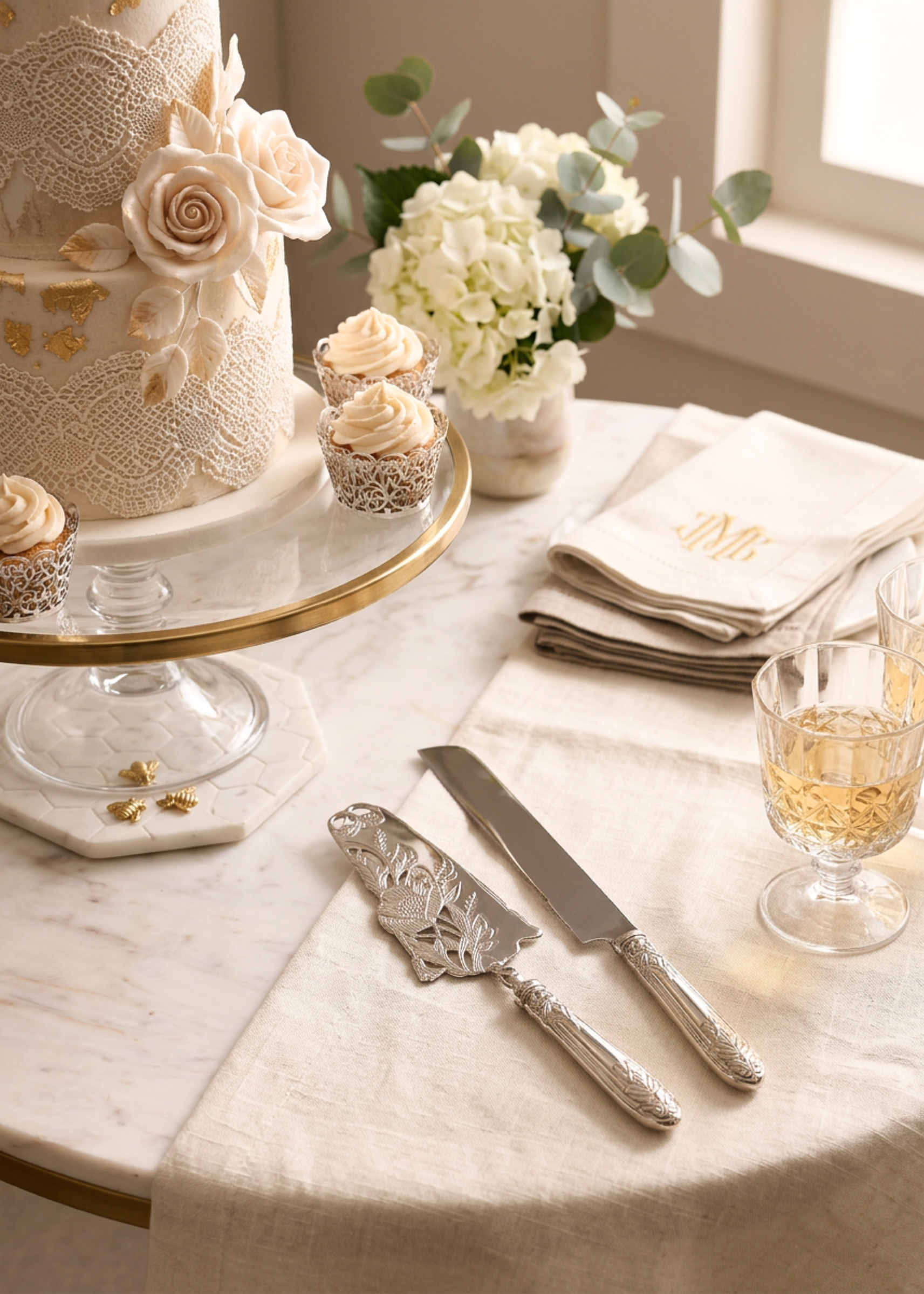 Royal Floral Bloom Cake Knife And Server - Silver