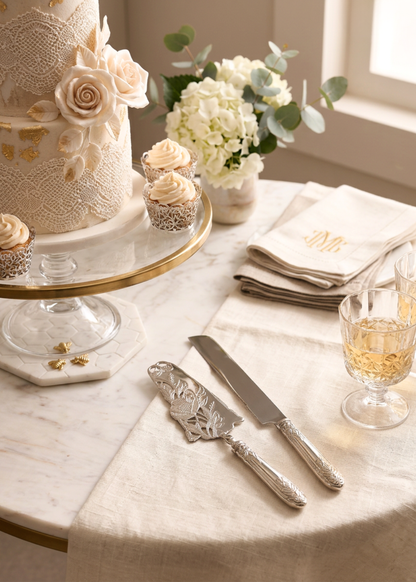 Royal Floral Bloom Cake Knife And Server - Silver