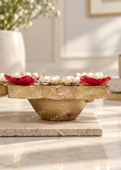 Handmade Clay Rustic Blossom Diya Red - Set of 2