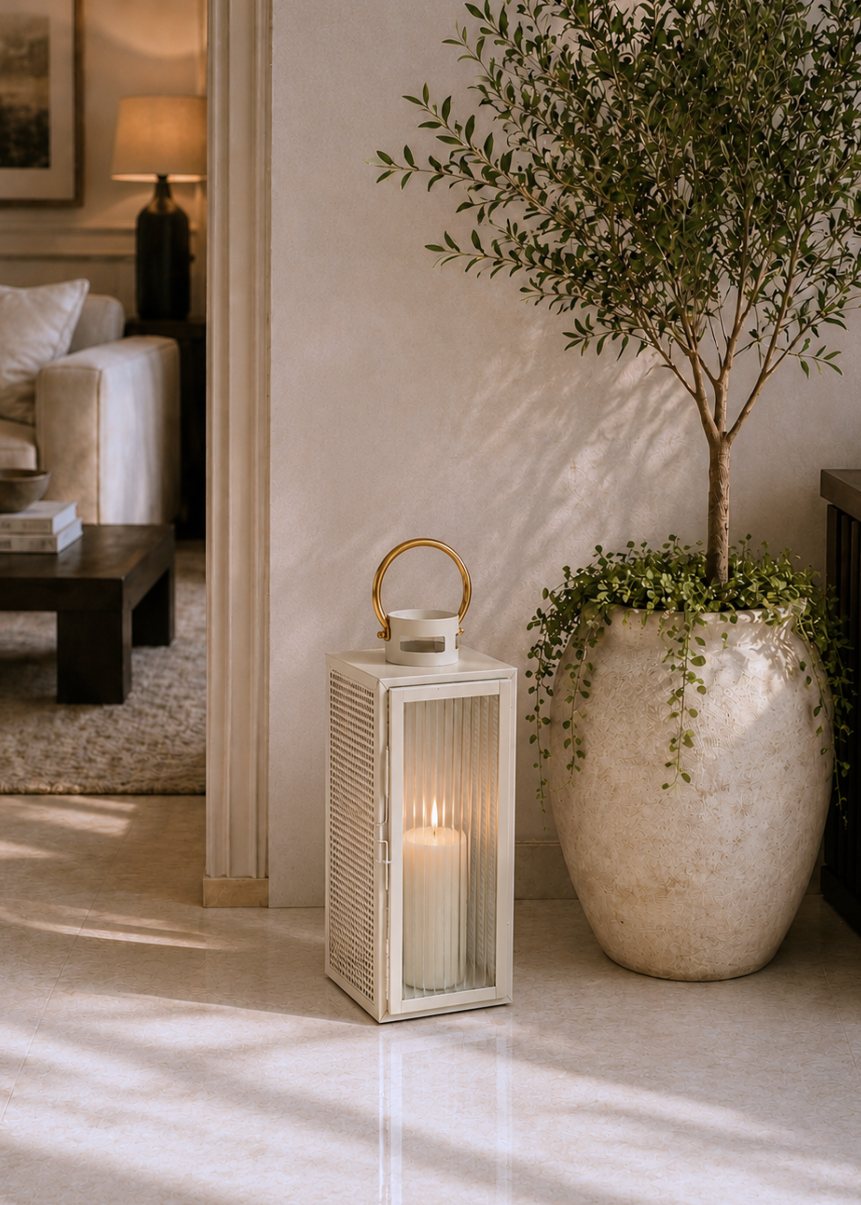 Vellora Beige &amp; Gold Lantern - Medium