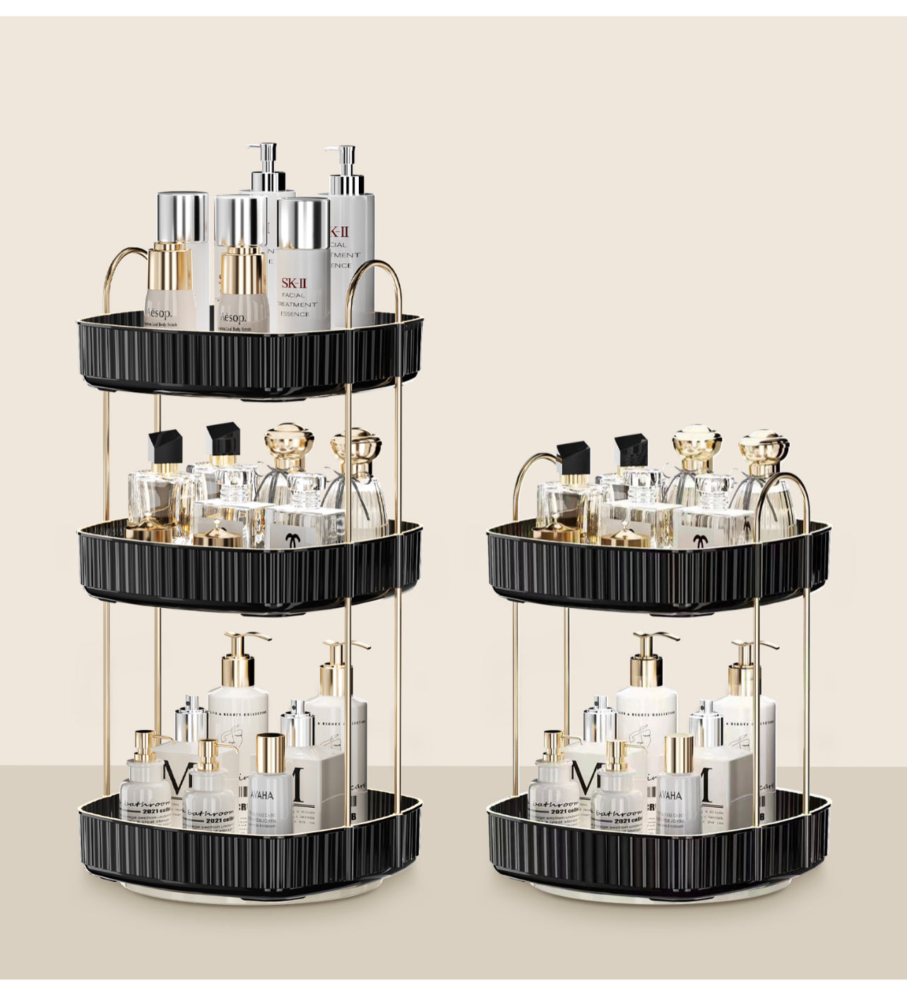 Three Tier Square Rotating Makeup Organiser - Black