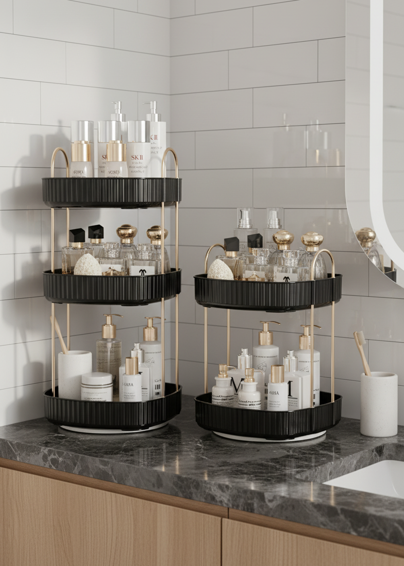 Three Tier Square Rotating Makeup Organiser - Black