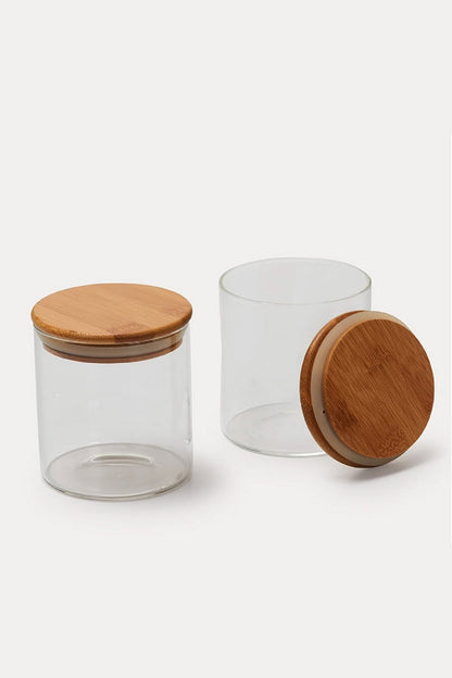 Glass Airtight Storage Container With Wooden Lid - Small (Set Of 2)