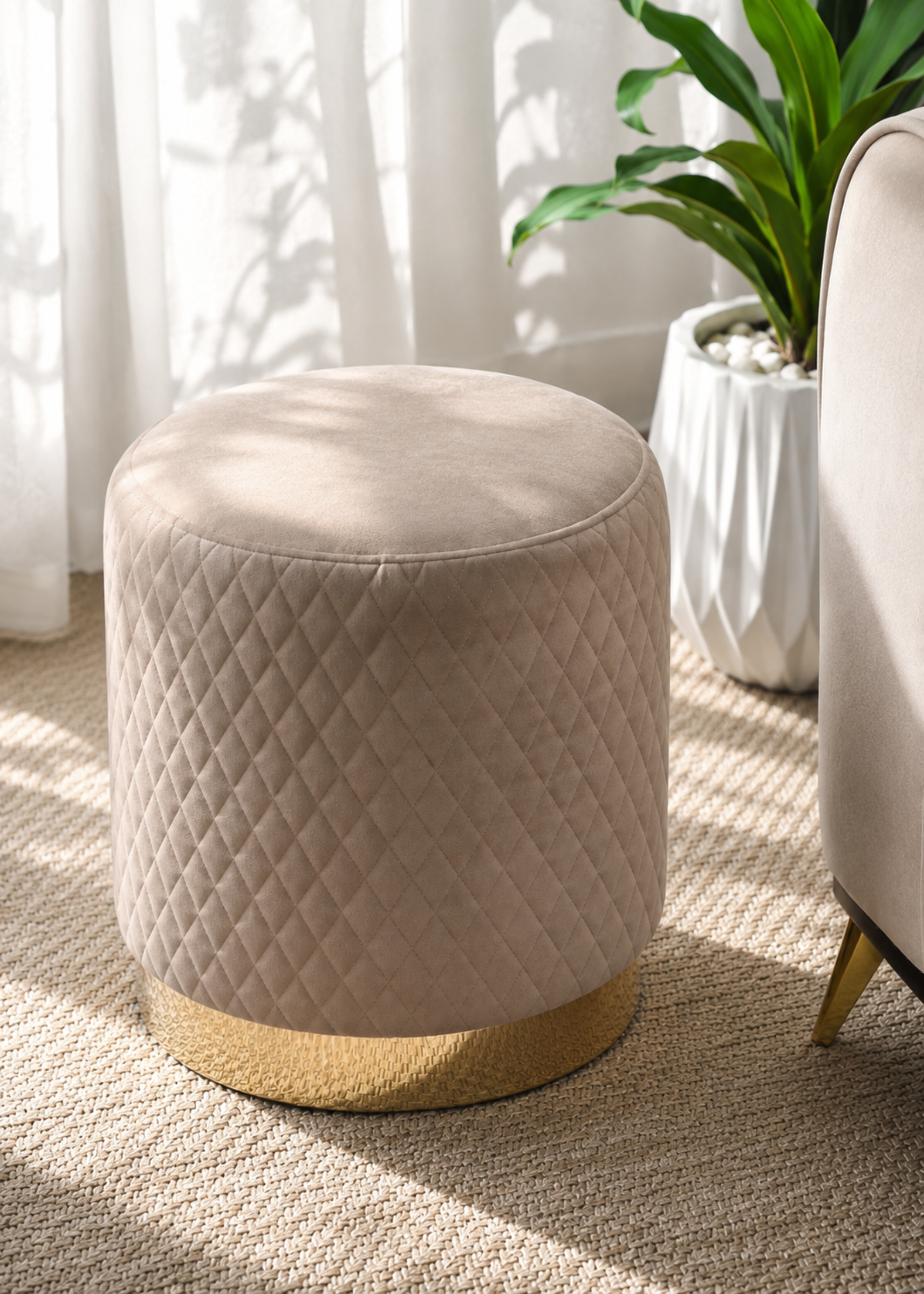 Alexandria Quilted Beige Velvet Pouffe