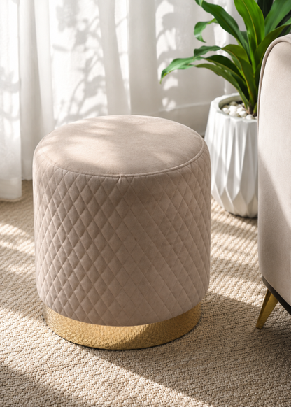 Alexandria Quilted Beige Velvet Pouffe