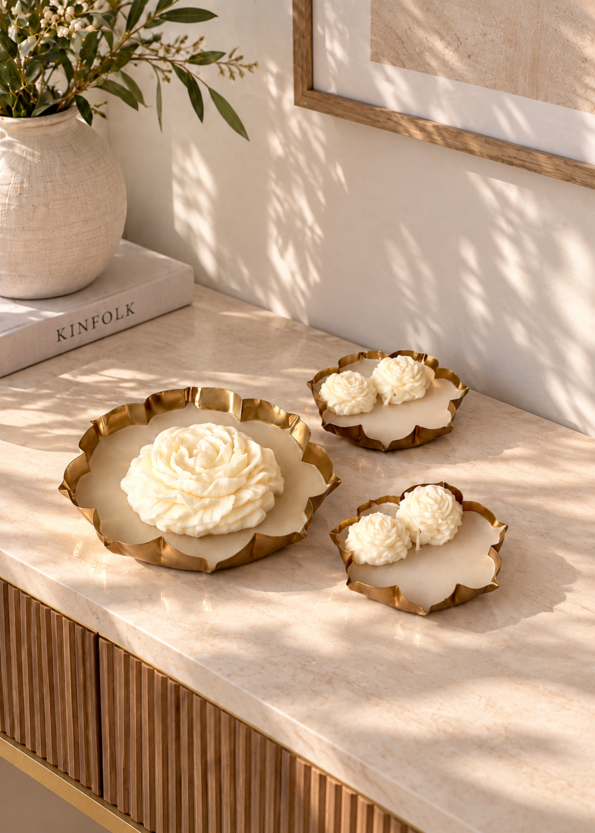 Ivory Bloom Gold Urli Candle Gift Set of 3