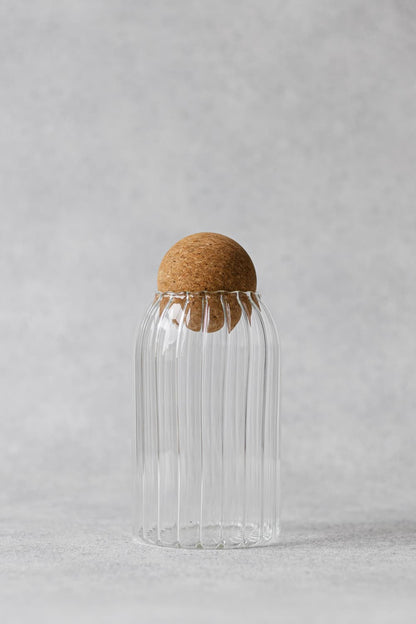 Ribbed Glass Jar With Cork Ball Lid - Set Of 3