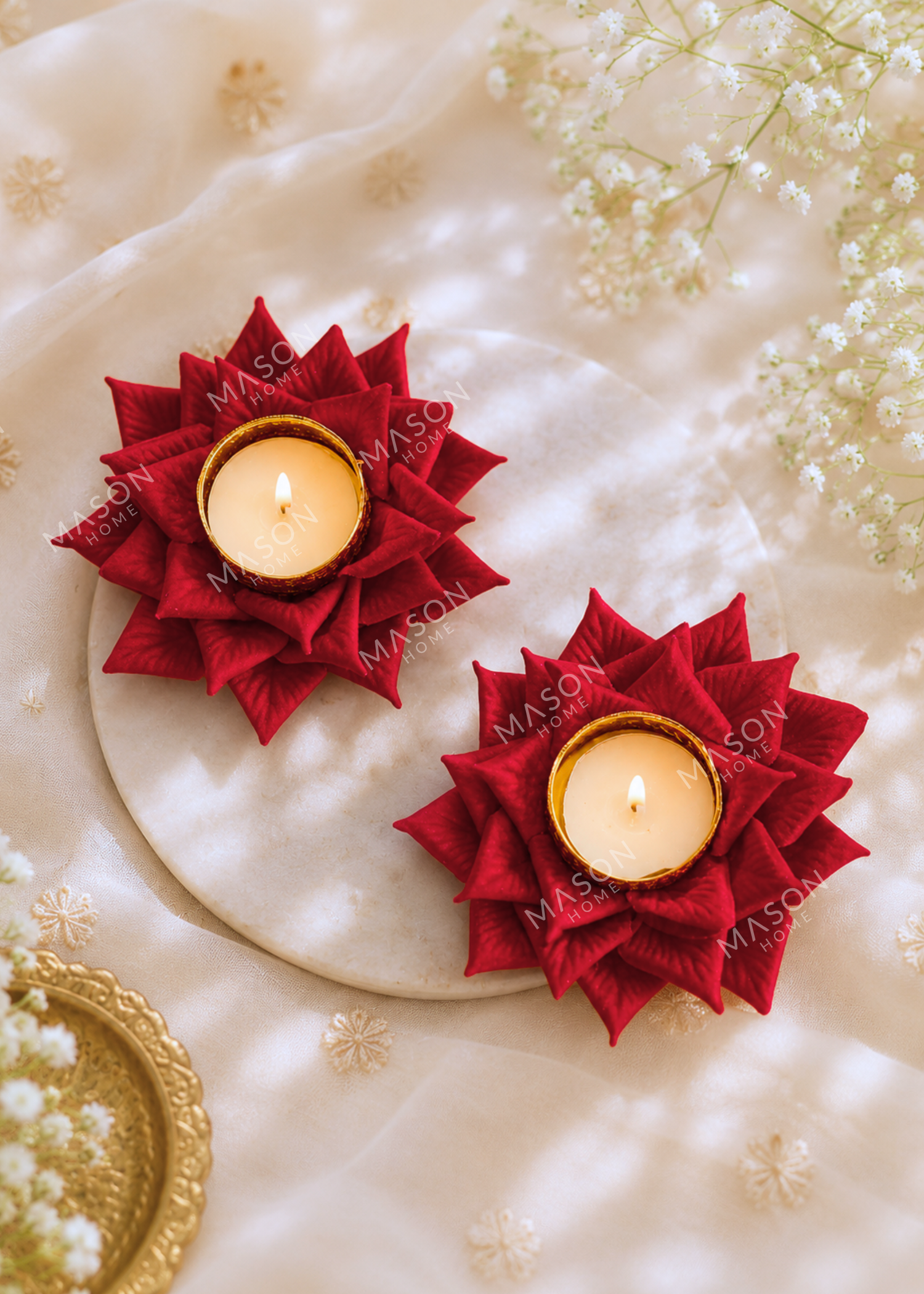 Festive Lotus Bloom Diya - Red (Set of 2)
