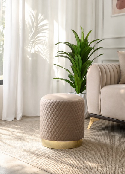 Alexandria Quilted Beige Velvet Pouffe