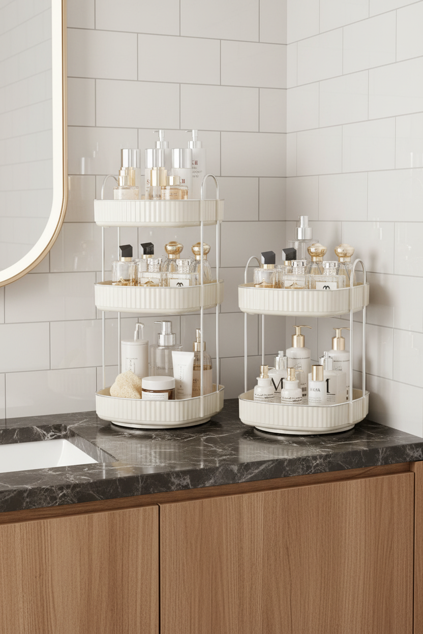 Three Tier Square Rotating Makeup Organiser - Cream