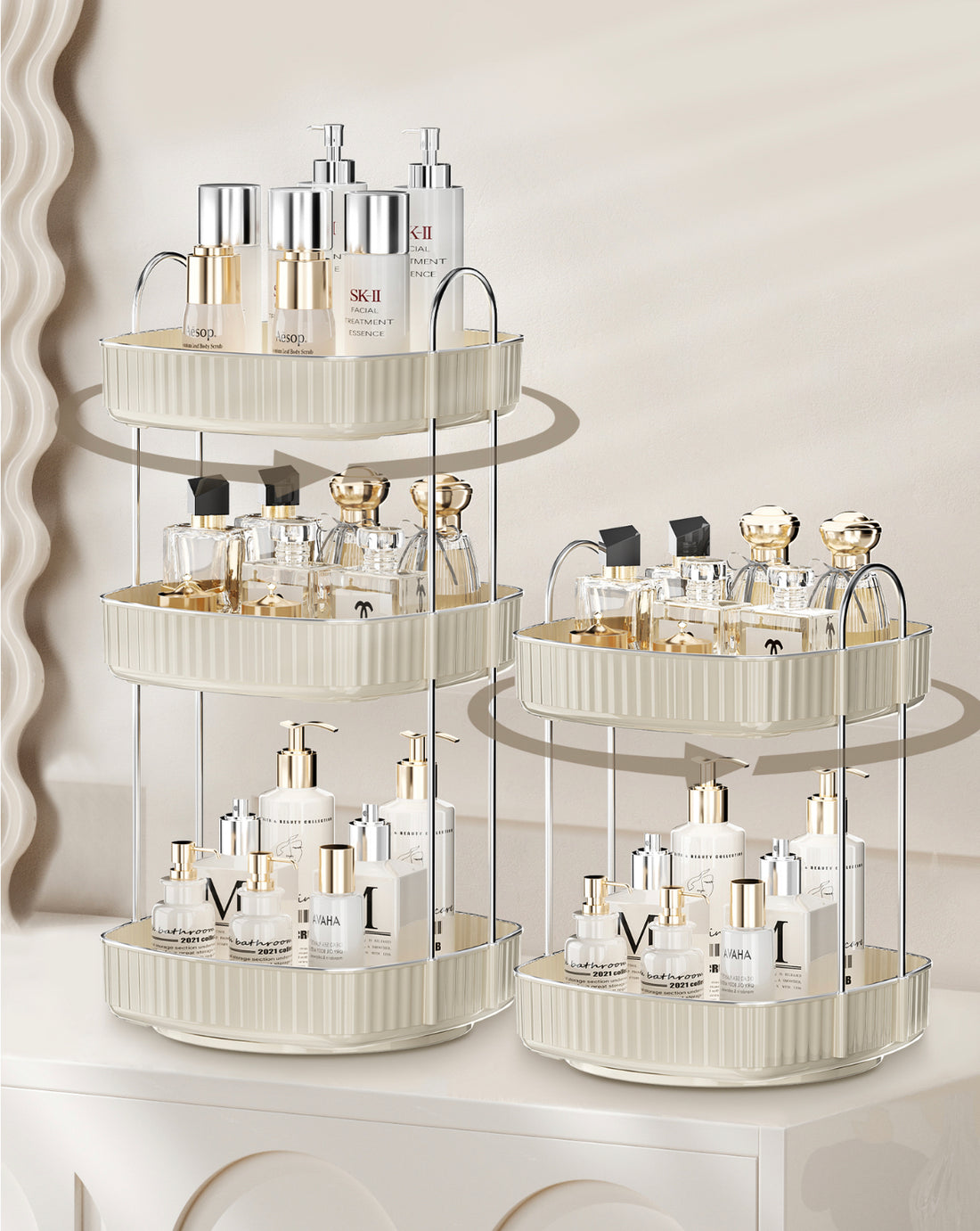 Three Tier Square Rotating Makeup Organiser - Cream