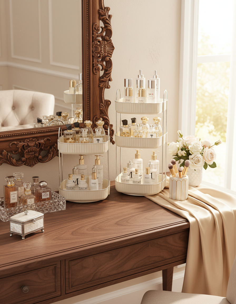 Three Tier Square Rotating Makeup Organiser - Cream