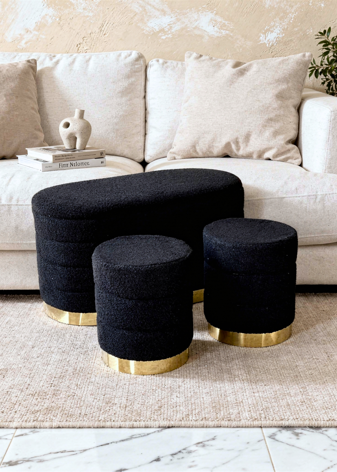 Cloud Boucle Storage Pouffe Set - Black