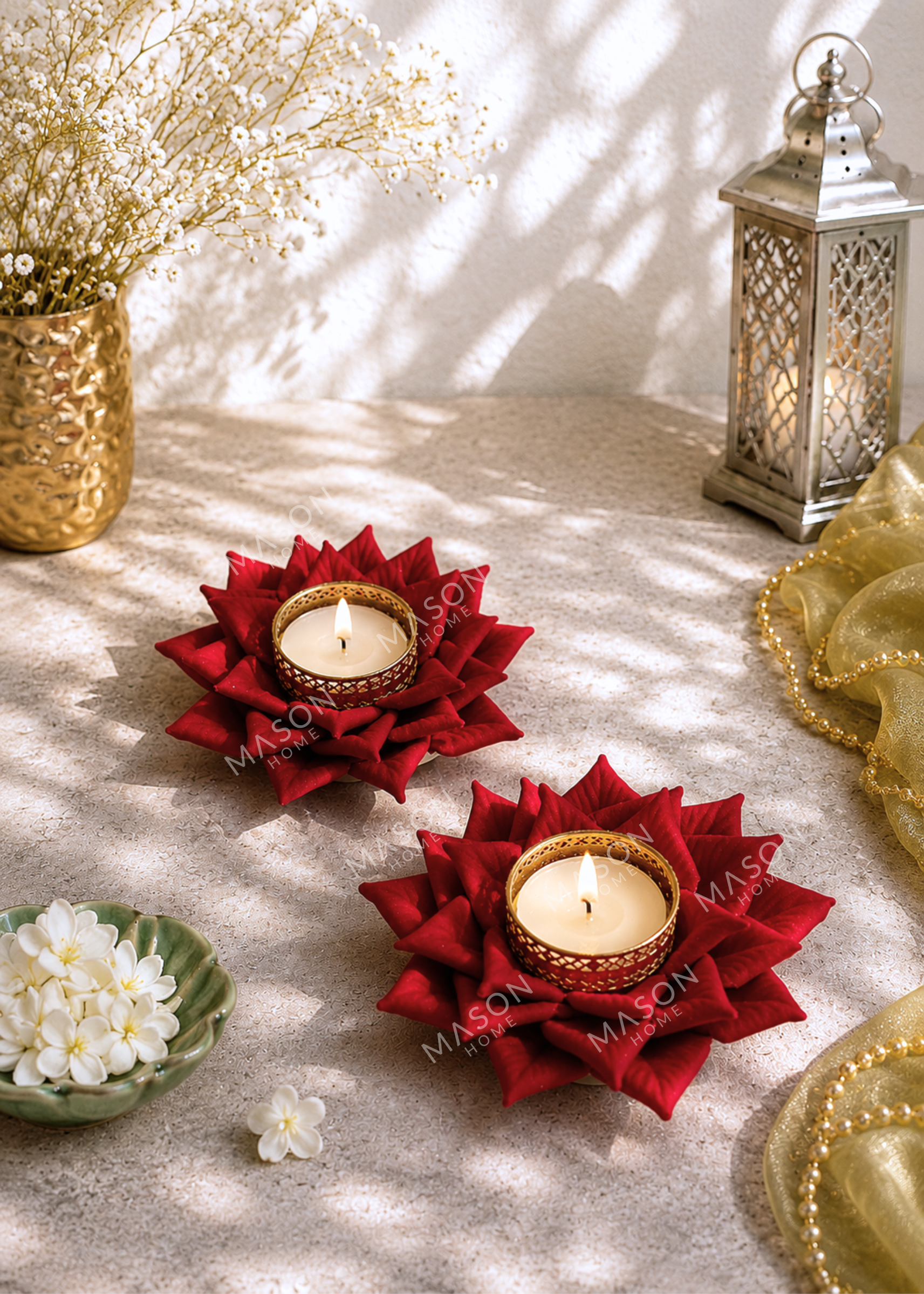 Festive Lotus Bloom Diya - Red (Set of 2)