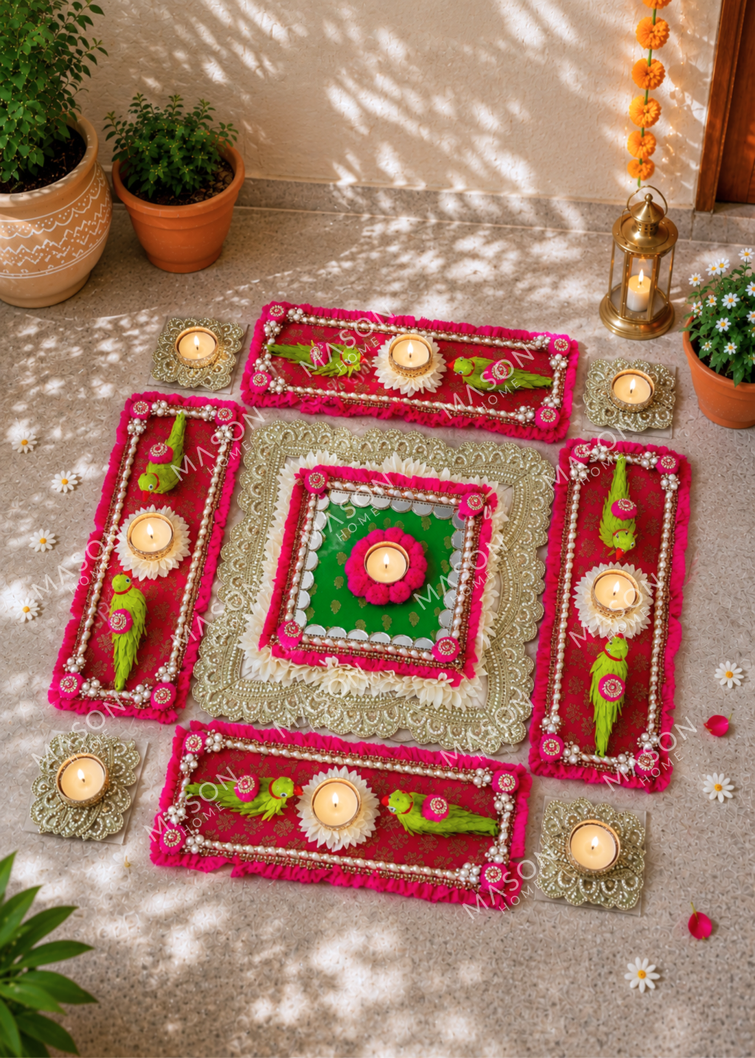 Festive Parrot Diya Rangoli