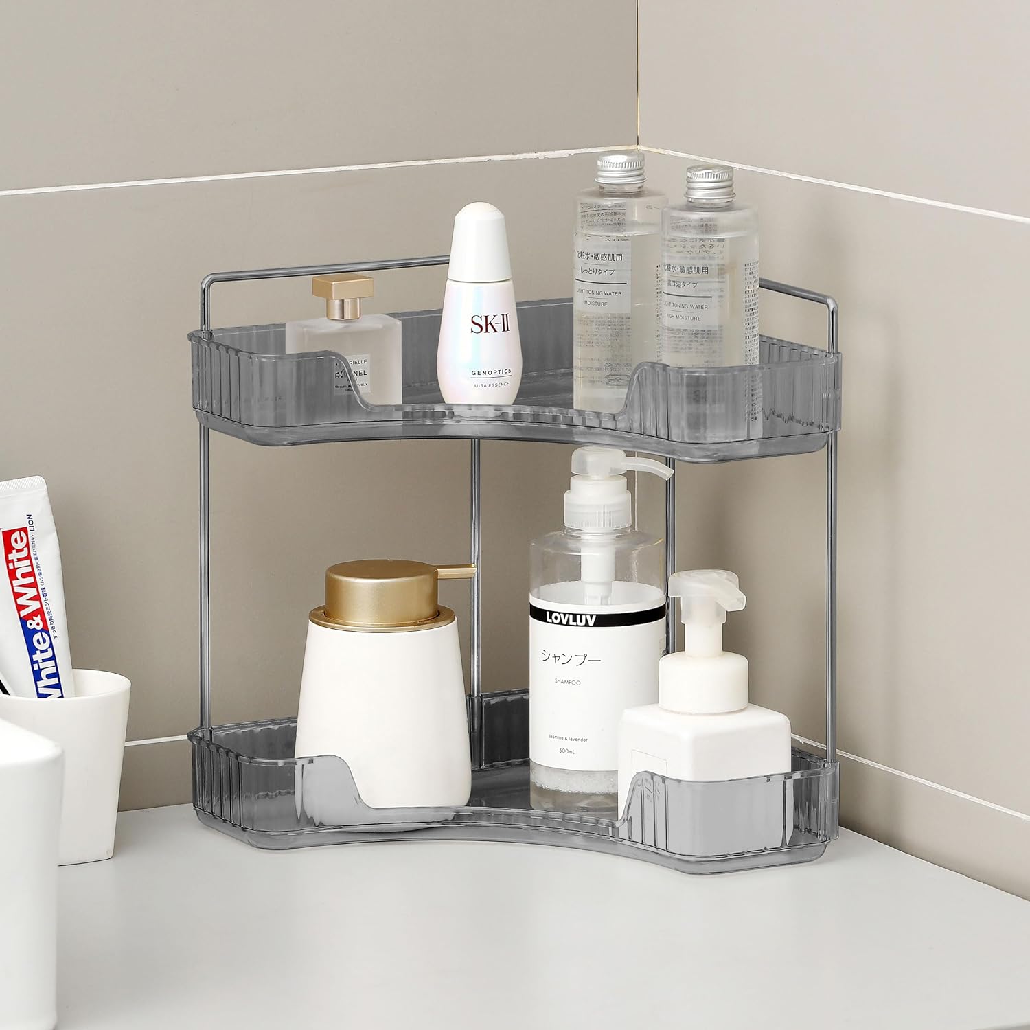 Two Tier Corner Cosmetic Storage Rack - Grey