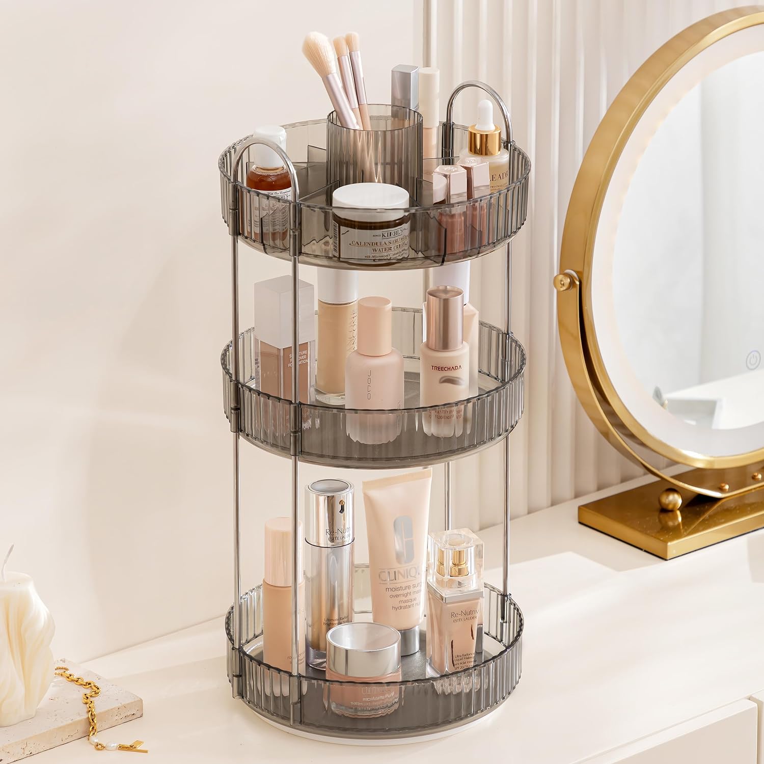 Three Tier Rotating Makeup Organiser - Grey