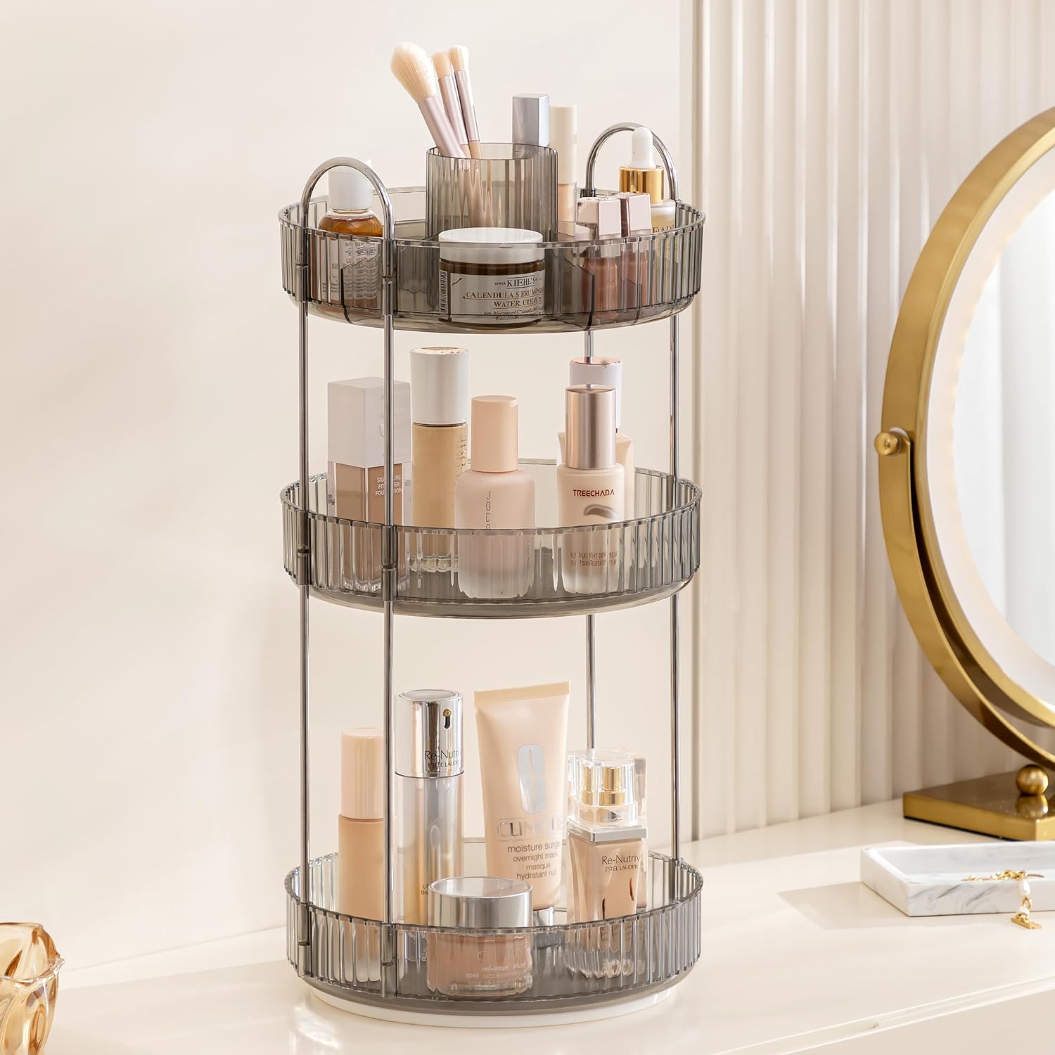 Three Tier Rotating Makeup Organiser - Grey