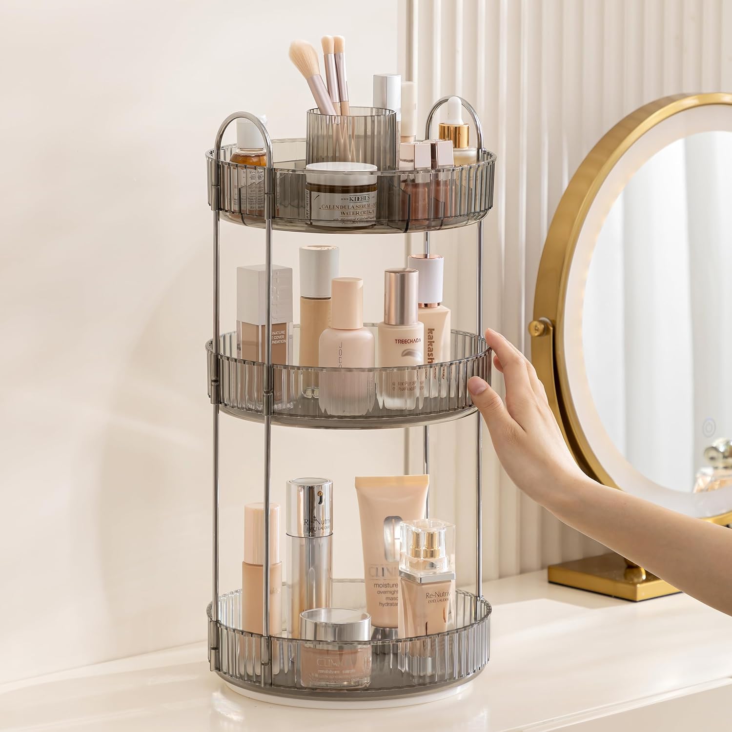 Three Tier Rotating Makeup Organiser - Grey