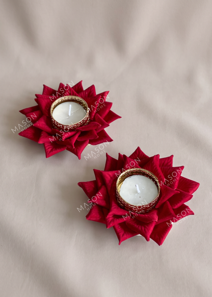Festive Lotus Bloom Diya - Red (Set of 2)