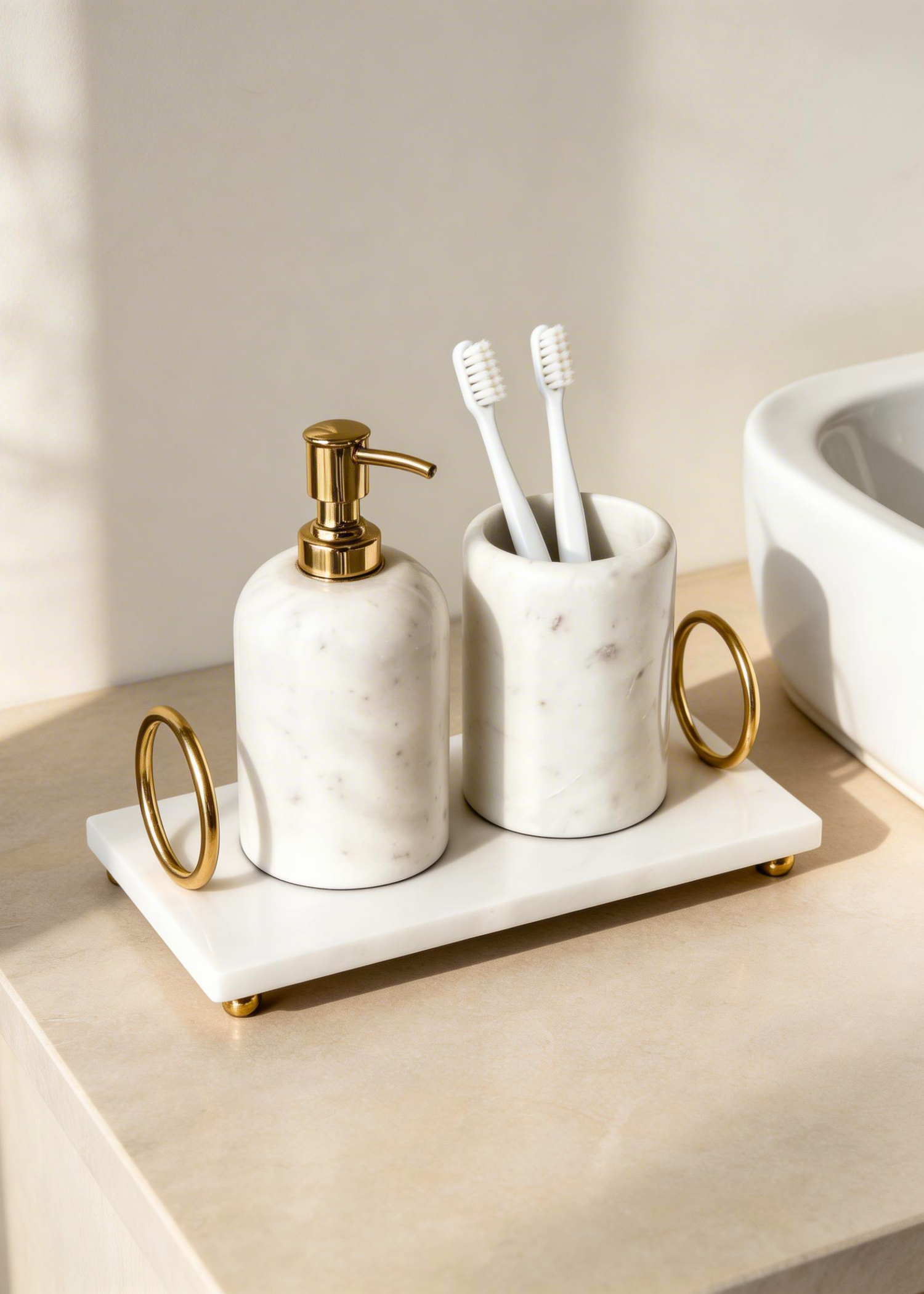 Svara Marble Bathroom Set  - White (Set of 3)