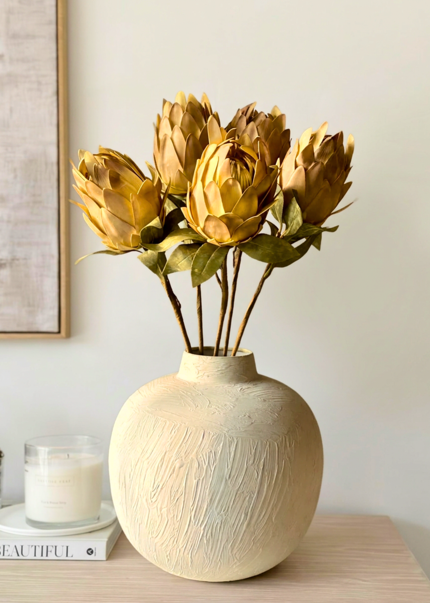 Artificial Protea Flower Stem  -  Yellow (One Stem)