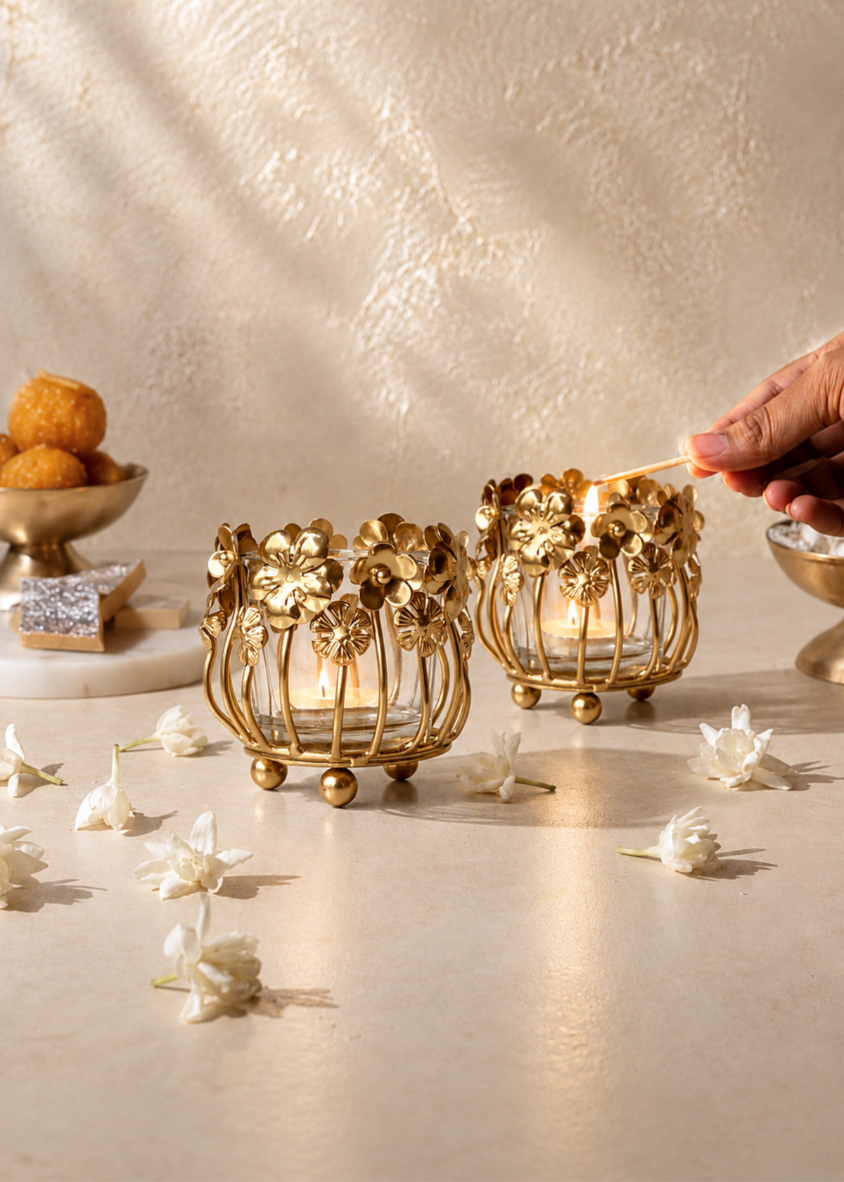 Floral Brass Tealight Holder (Single Piece)