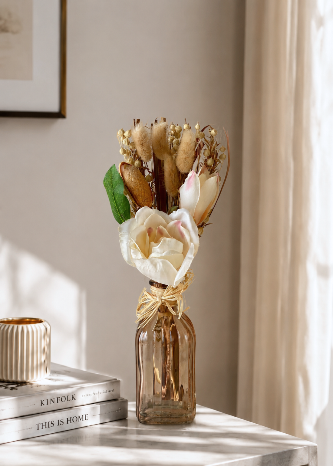Artificial Dried Floral Bunch with Vase - Beige &amp; Ivory