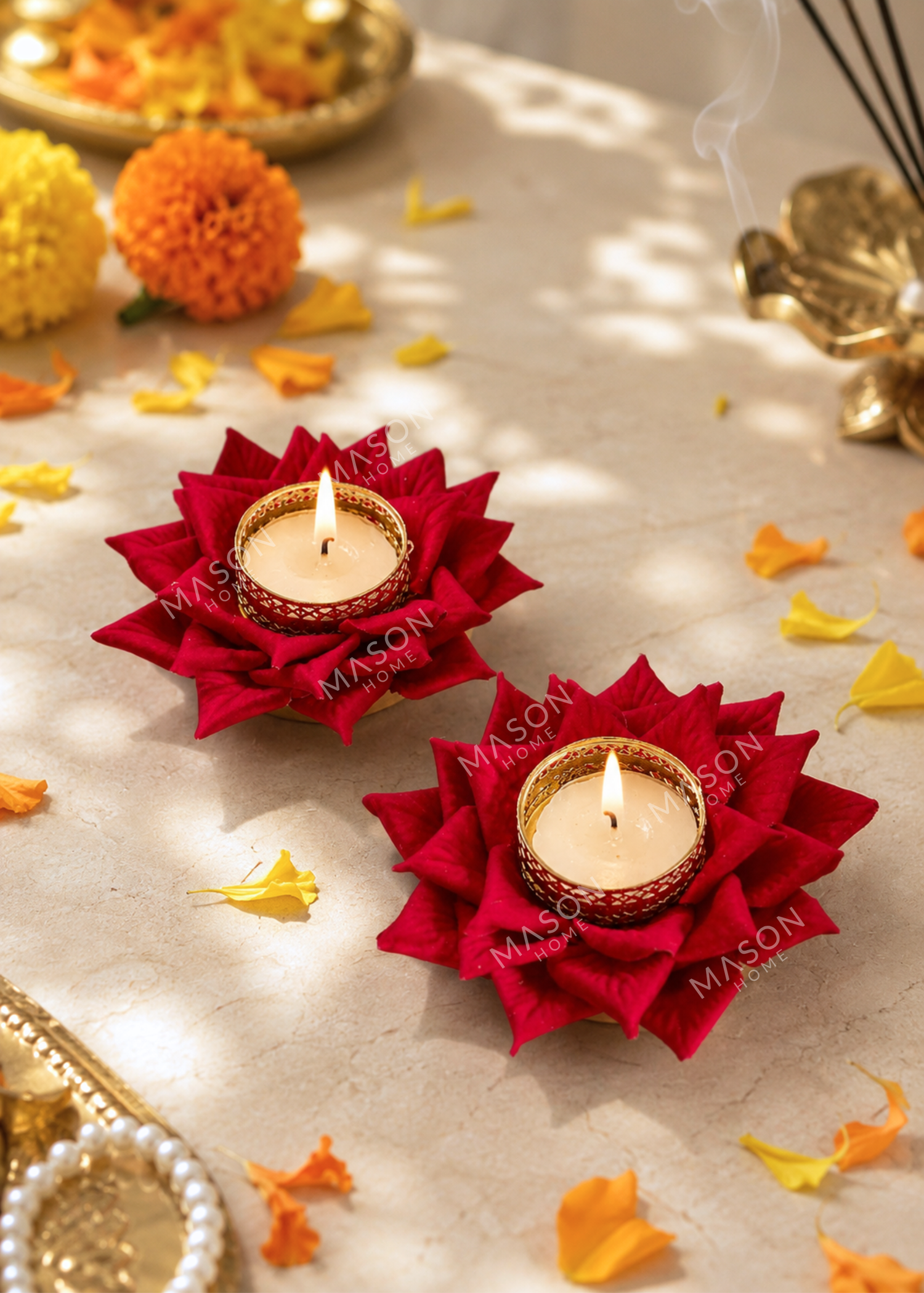 Festive Lotus Bloom Diya - Red (Set of 2)