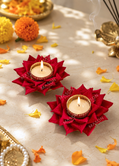 Festive Lotus Bloom Diya - Red (Set of 2)