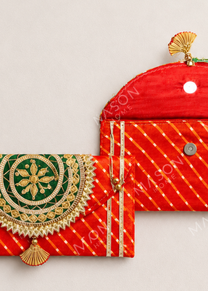 Festive Zari Envelope Orange &amp; Green - Set of 2