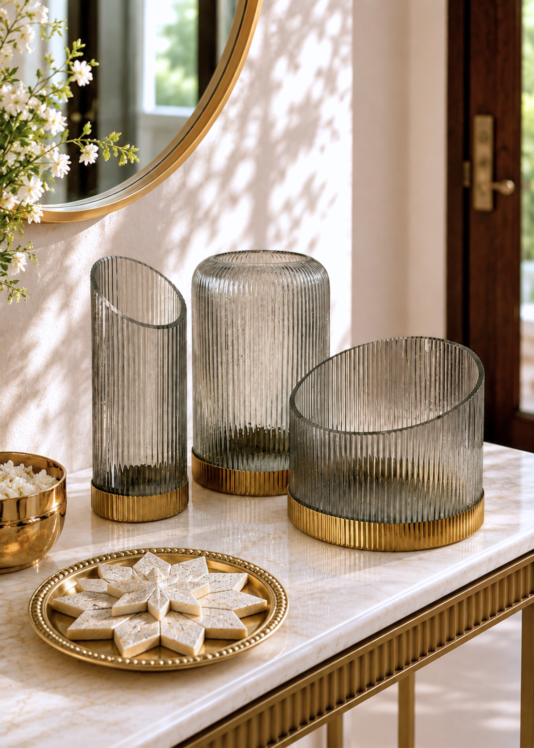 Fluted Glass Gold Vase - Tall