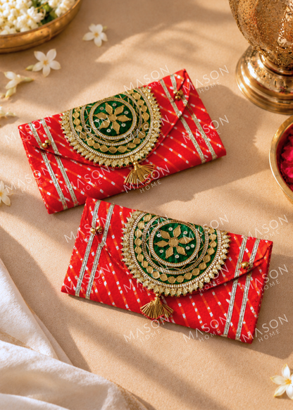 Festive Zari Envelope Orange &amp; Green - Set of 2