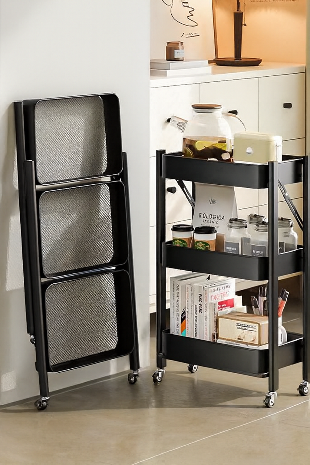 Foldable 3-Tier Rolling Utility Cart - Black