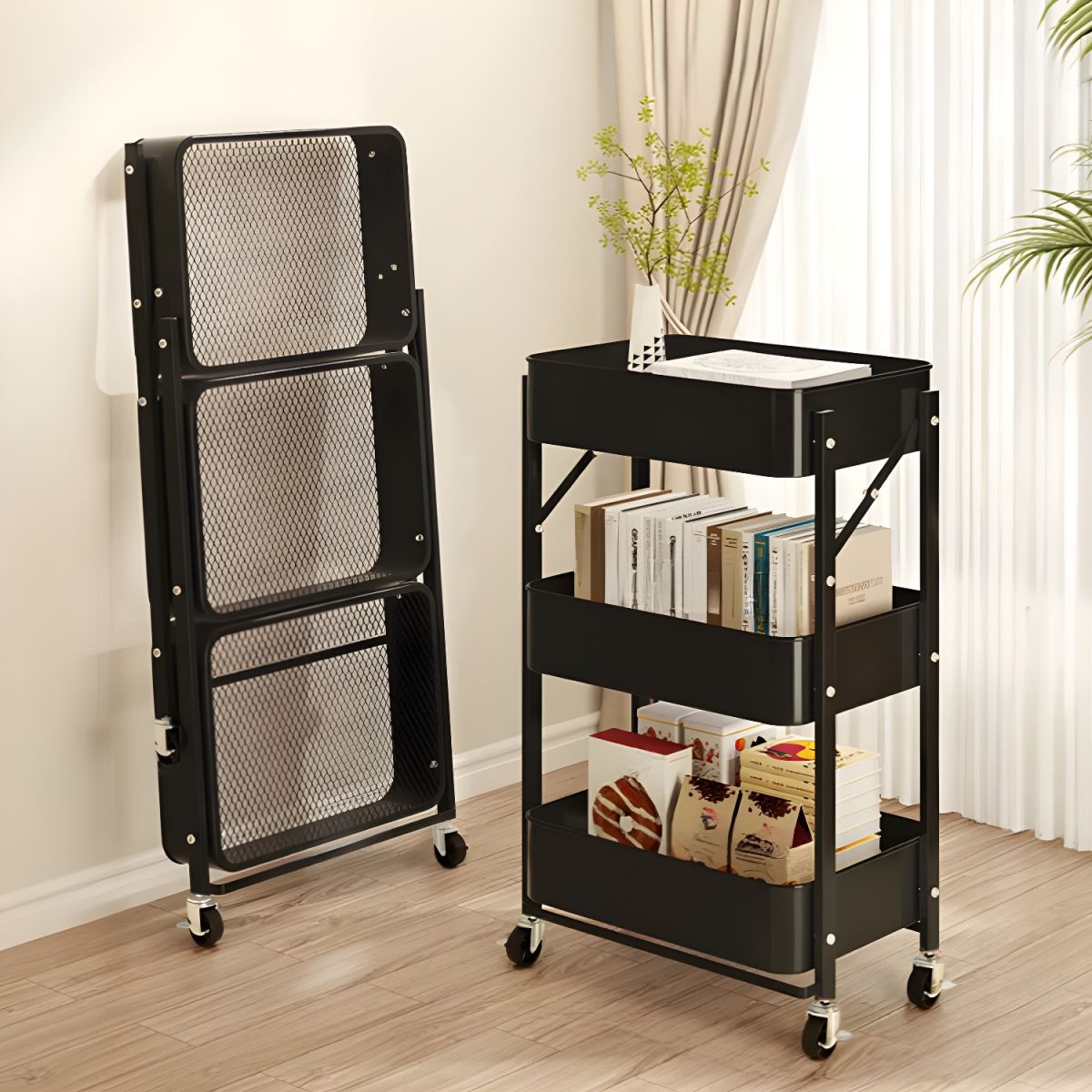 Foldable 3-Tier Rolling Utility Cart - Black