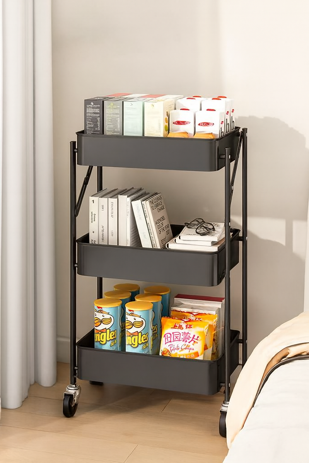 Foldable 3-Tier Rolling Utility Cart - Black