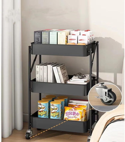 Foldable 3-Tier Rolling Utility Cart - Black