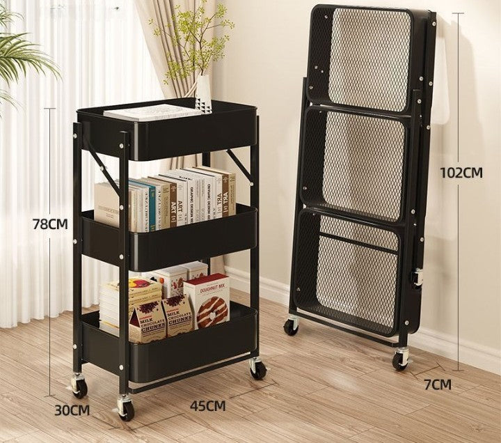 Foldable 3-Tier Rolling Utility Cart - Black