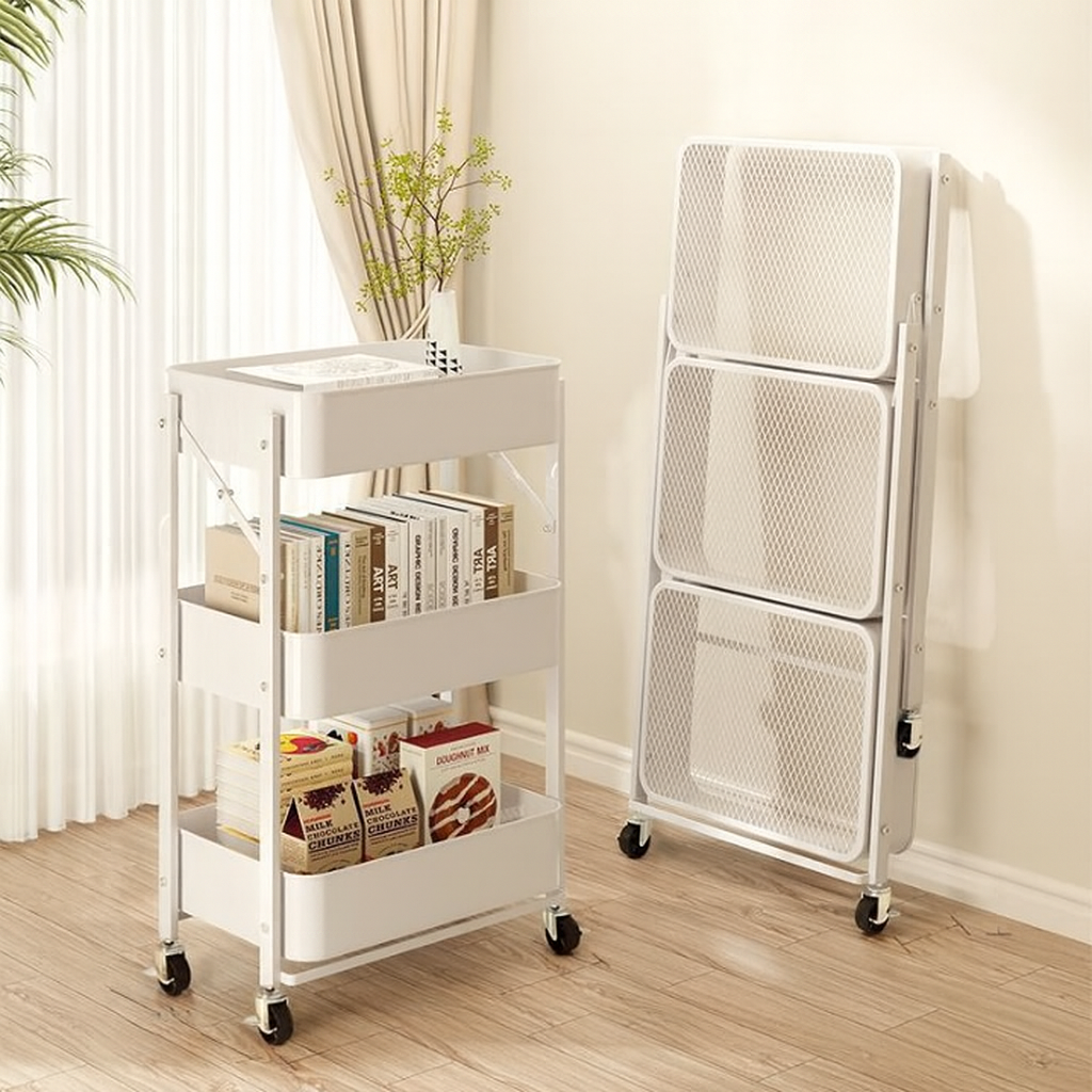 Foldable 3-Tier Rolling Utility Cart - White