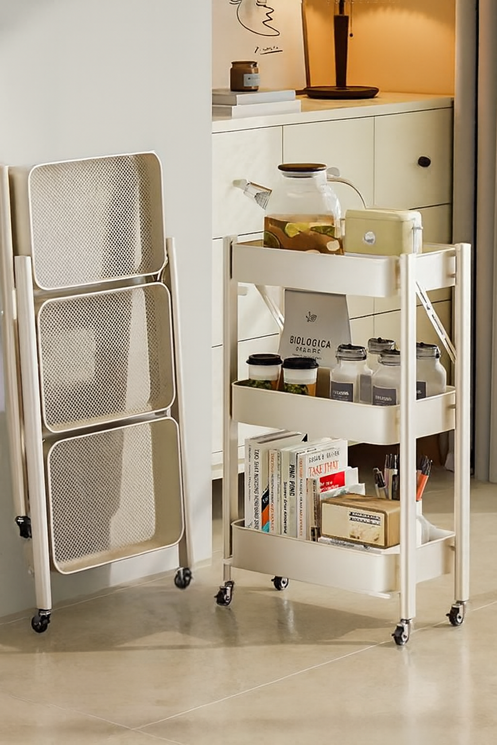 Foldable 3-Tier Rolling Utility Cart - White