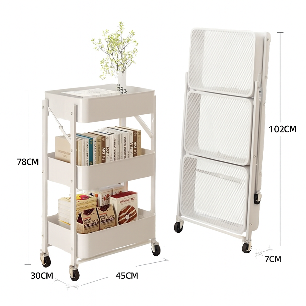 Foldable 3-Tier Rolling Utility Cart - White