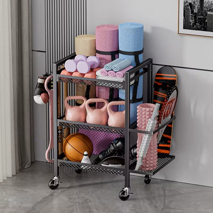 3-Tier Sports &amp; Fitness Storage Cart with Wheels