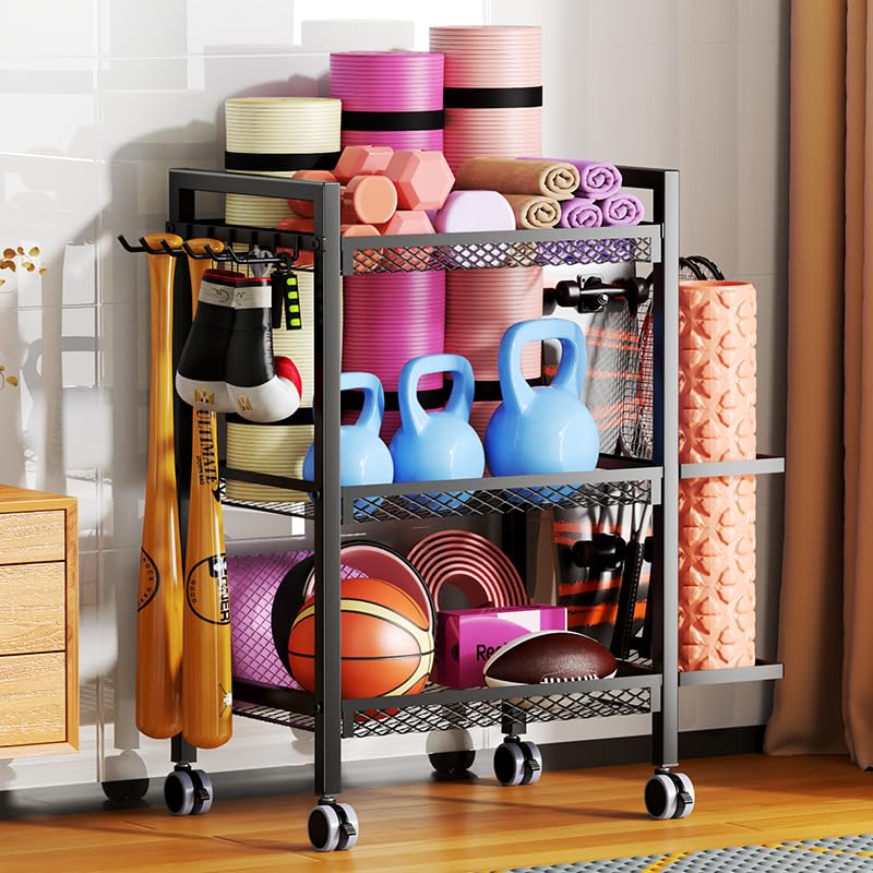 3-Tier Sports &amp; Fitness Storage Cart with Wheels