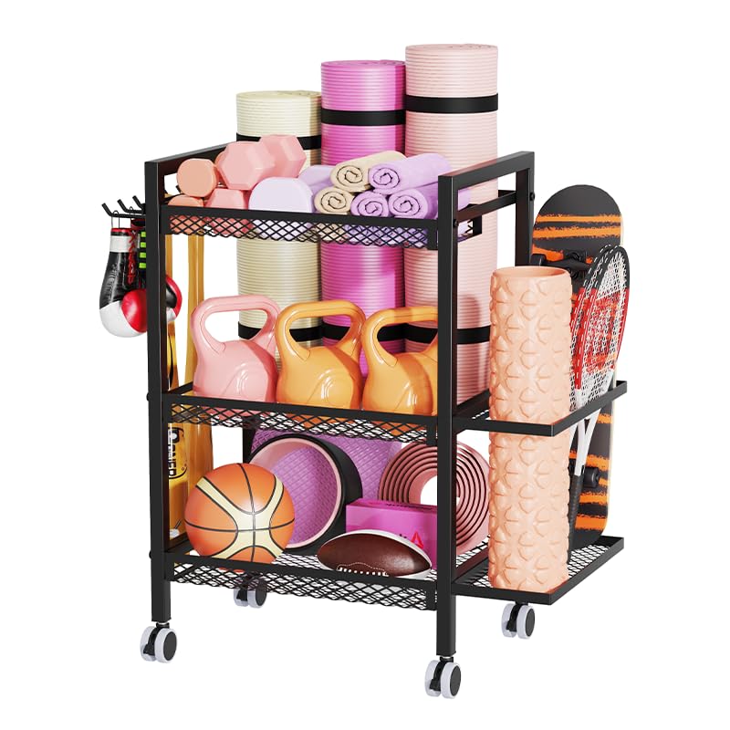 3-Tier Sports &amp; Fitness Storage Cart with Wheels