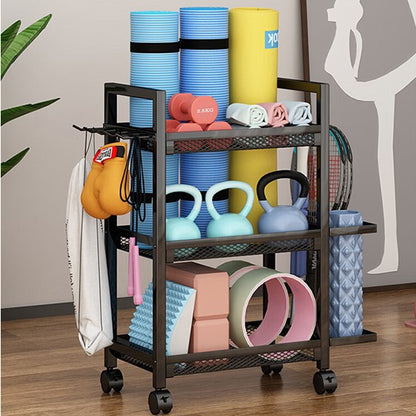 3-Tier Sports &amp; Fitness Storage Cart with Wheels