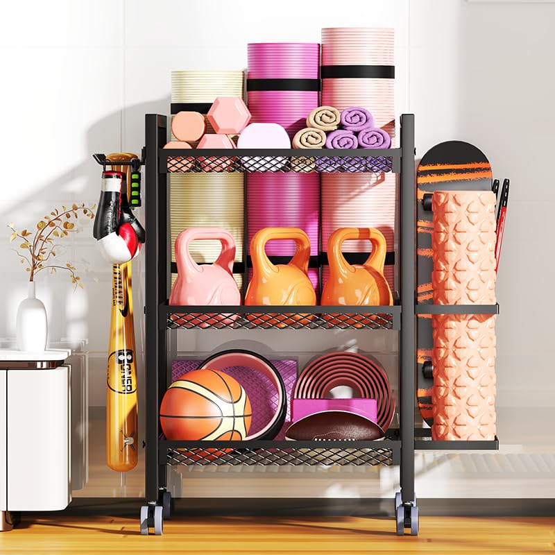 3-Tier Sports &amp; Fitness Storage Cart with Wheels