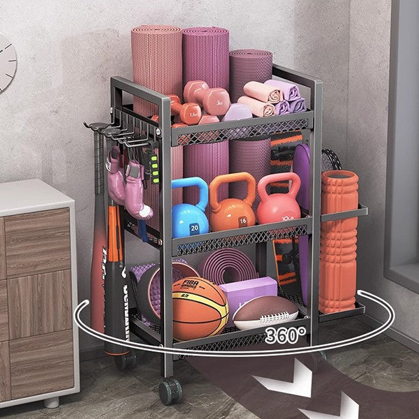3-Tier Sports &amp; Fitness Storage Cart with Wheels