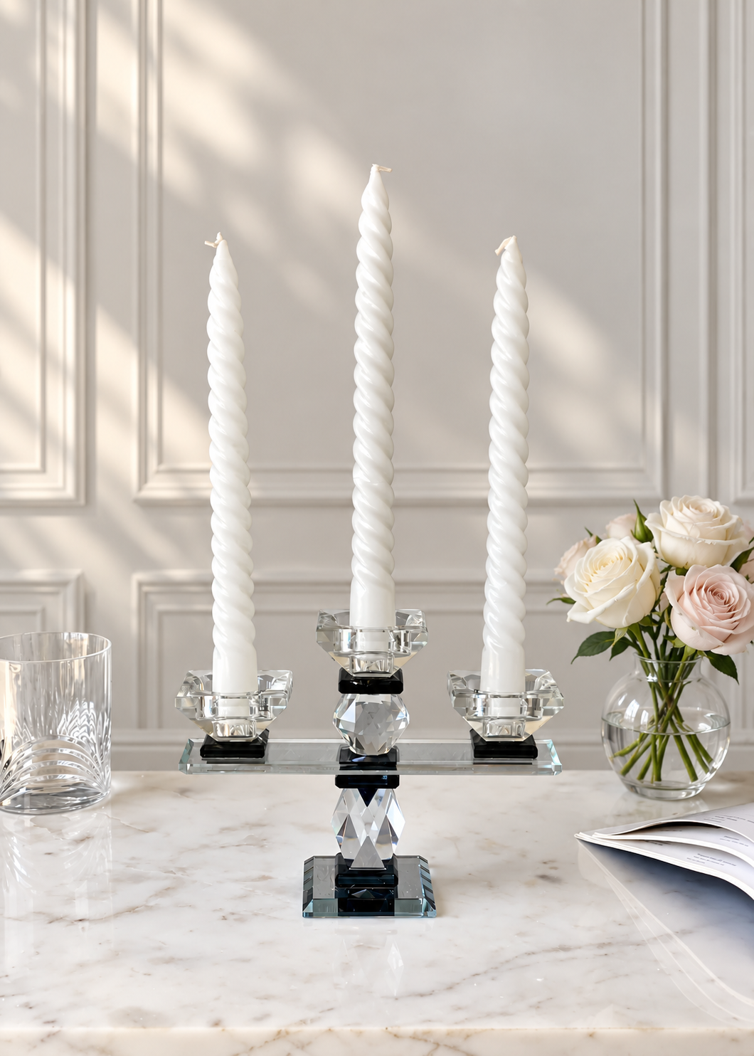 Three Arm Crystal Candle Holders - Black