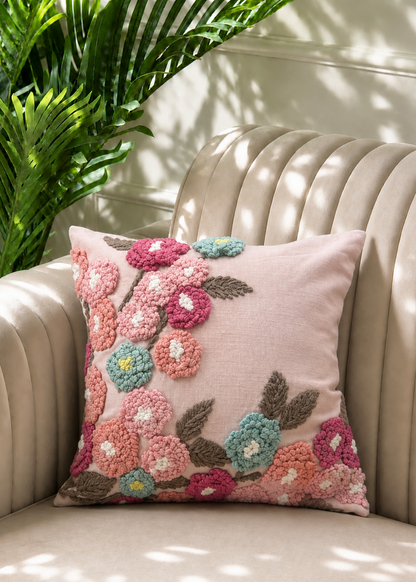 Pink Embroidered Floral Cushion Cover