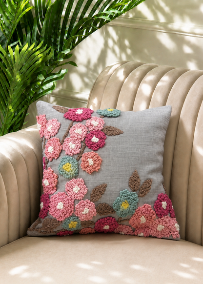 Grey Embroidered Floral Cushion Cover
